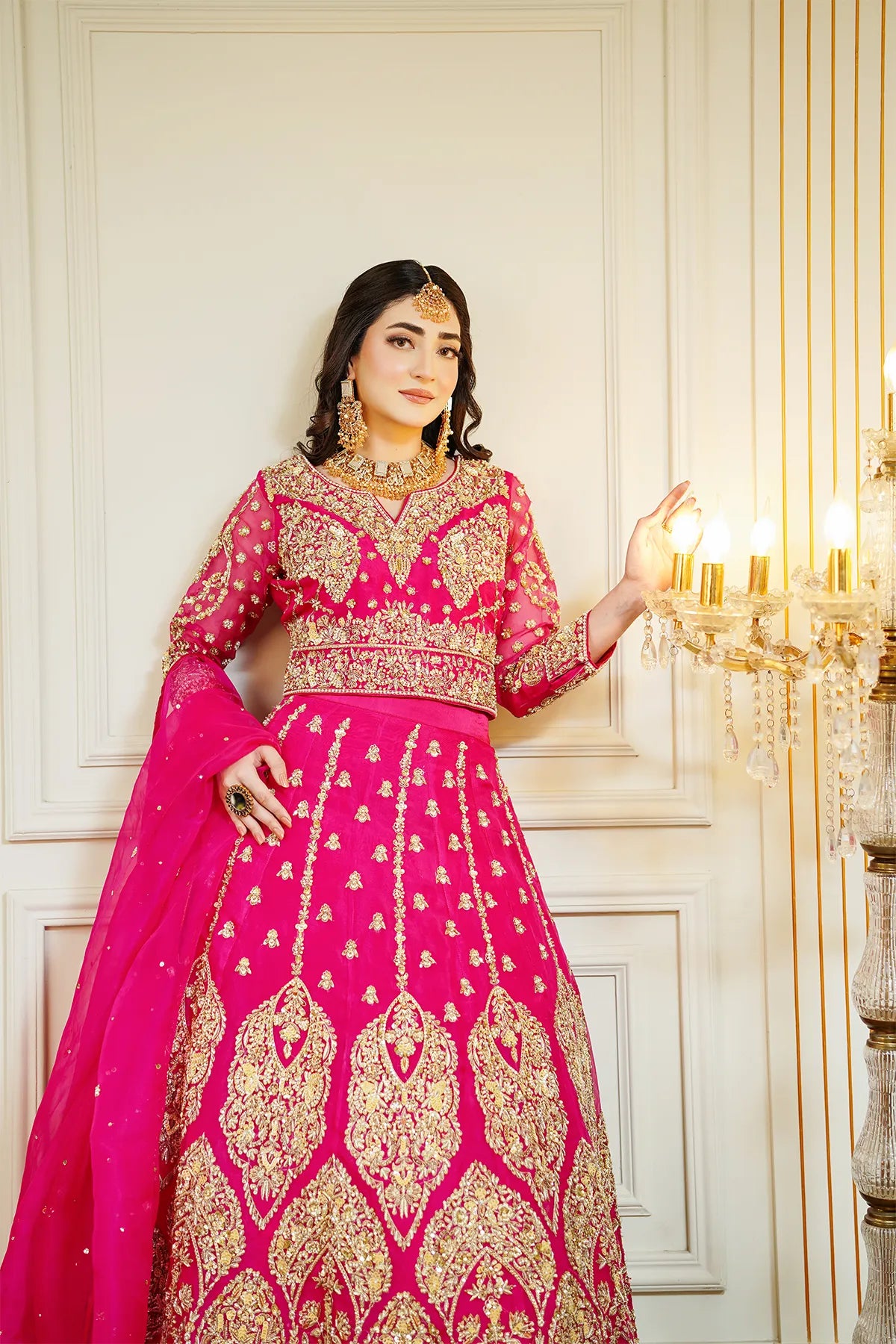 Hot pink embellished bridal lehenga choli 3PC with organza dupatta for wedding wear