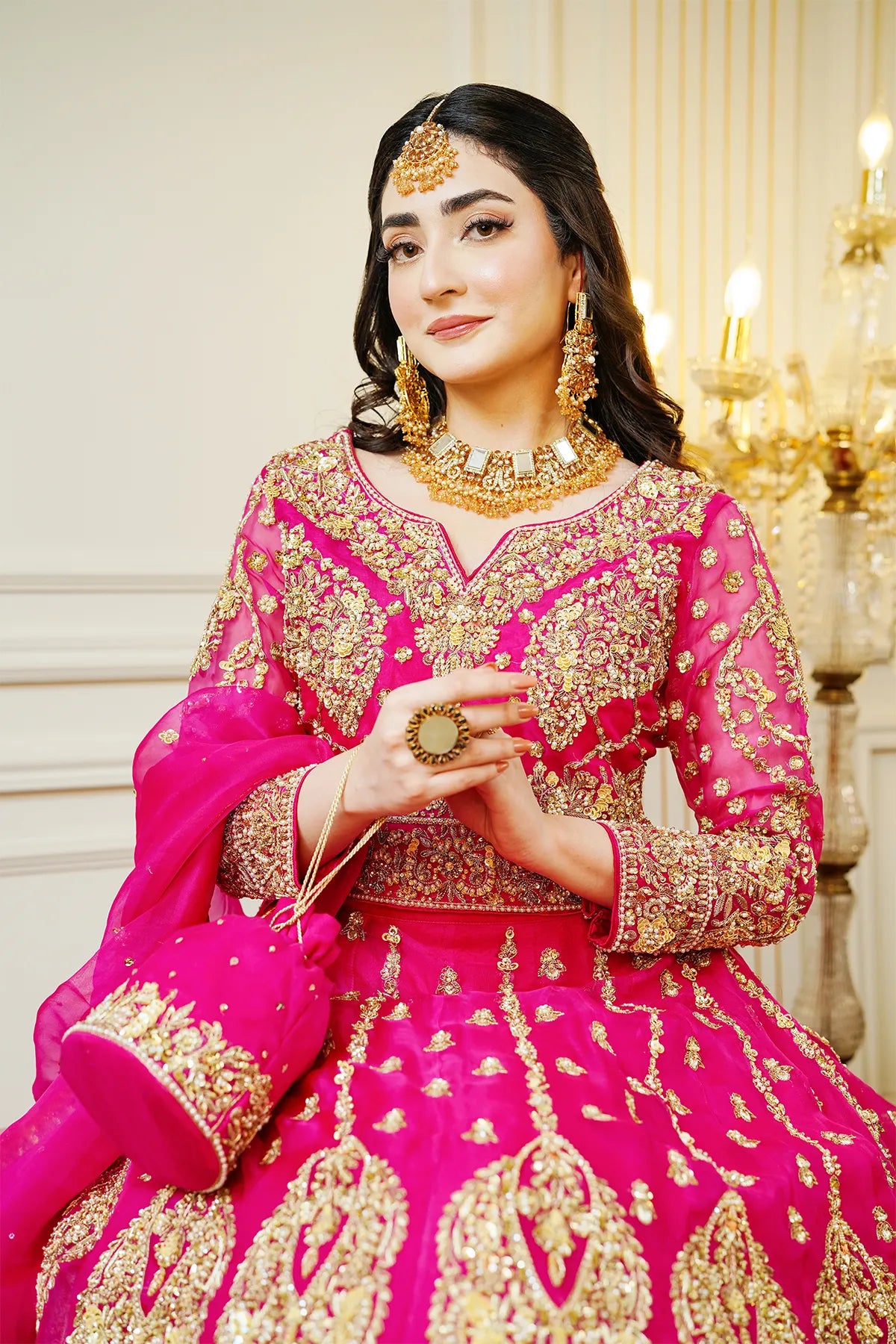 Hot pink embellished bridal lehenga choli 3PC with organza dupatta for wedding wear