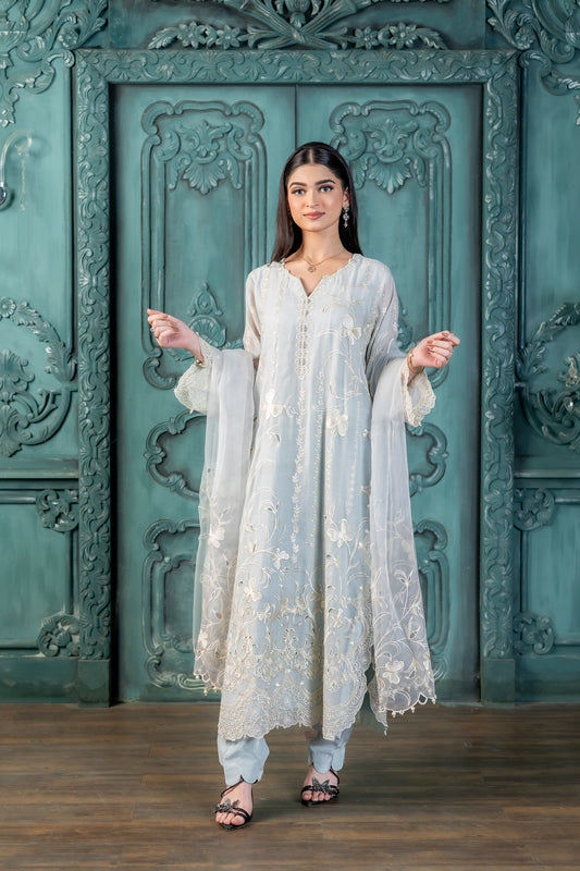 Buy pastel blue paper silk designer Pakistani dress online MariamRaj