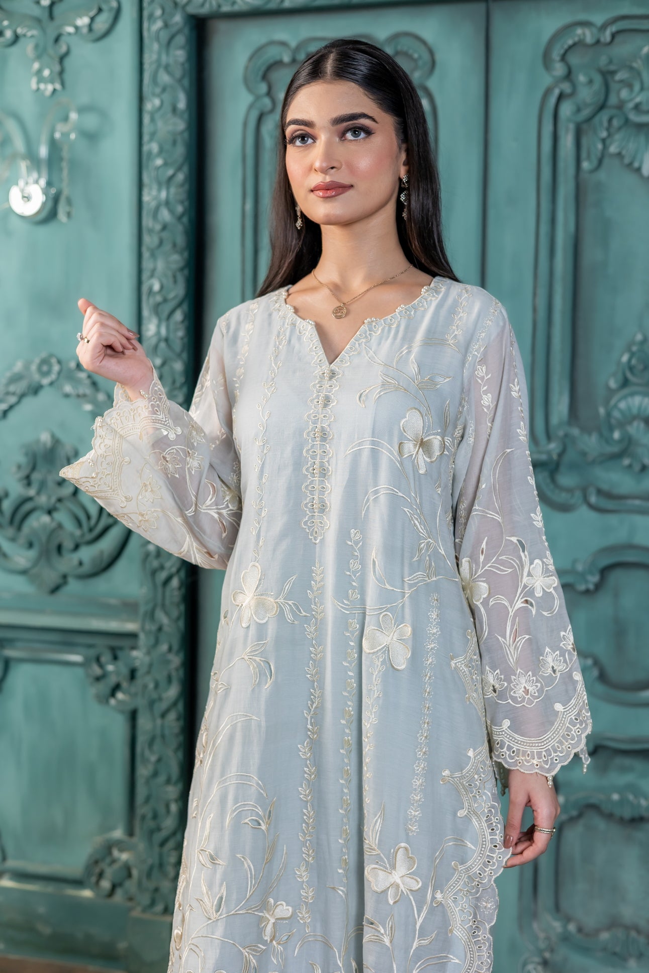 Buy pastel blue paper silk designer Pakistani dress online MariamRaj