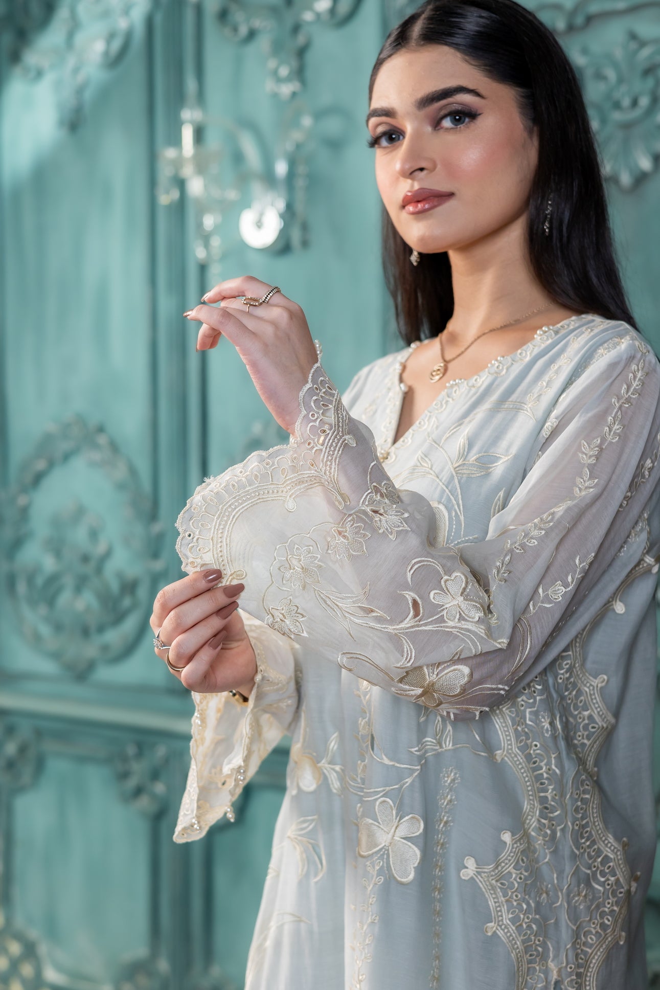 Buy pastel blue paper silk designer Pakistani dress online MariamRaj