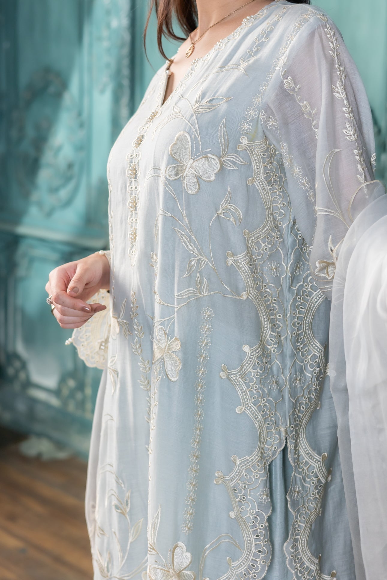 Buy pastel blue paper silk designer Pakistani dress online MariamRaj