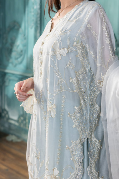 Buy pastel blue paper silk designer Pakistani dress online MariamRaj
