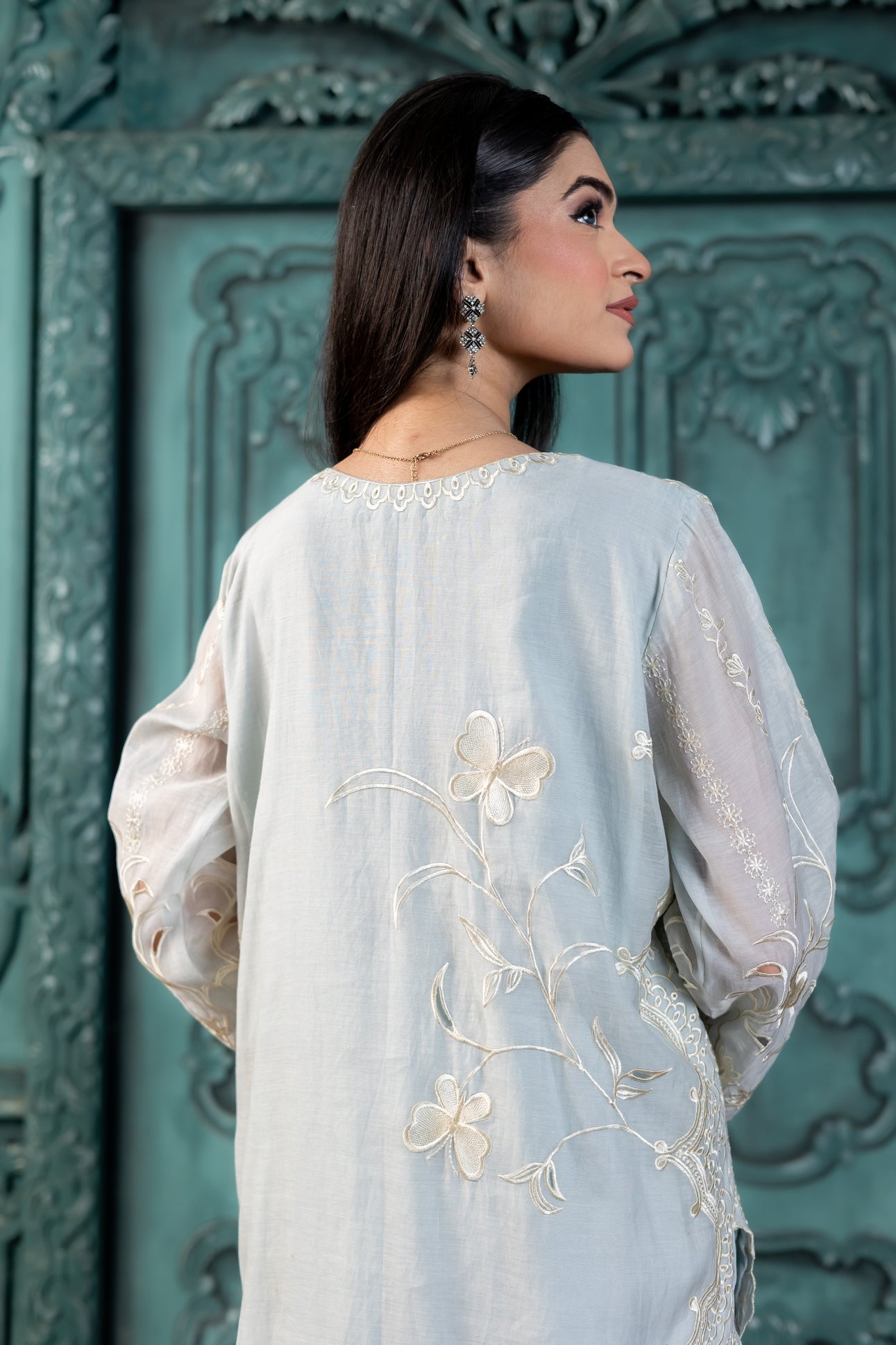 Buy pastel blue paper silk designer Pakistani dress online MariamRaj