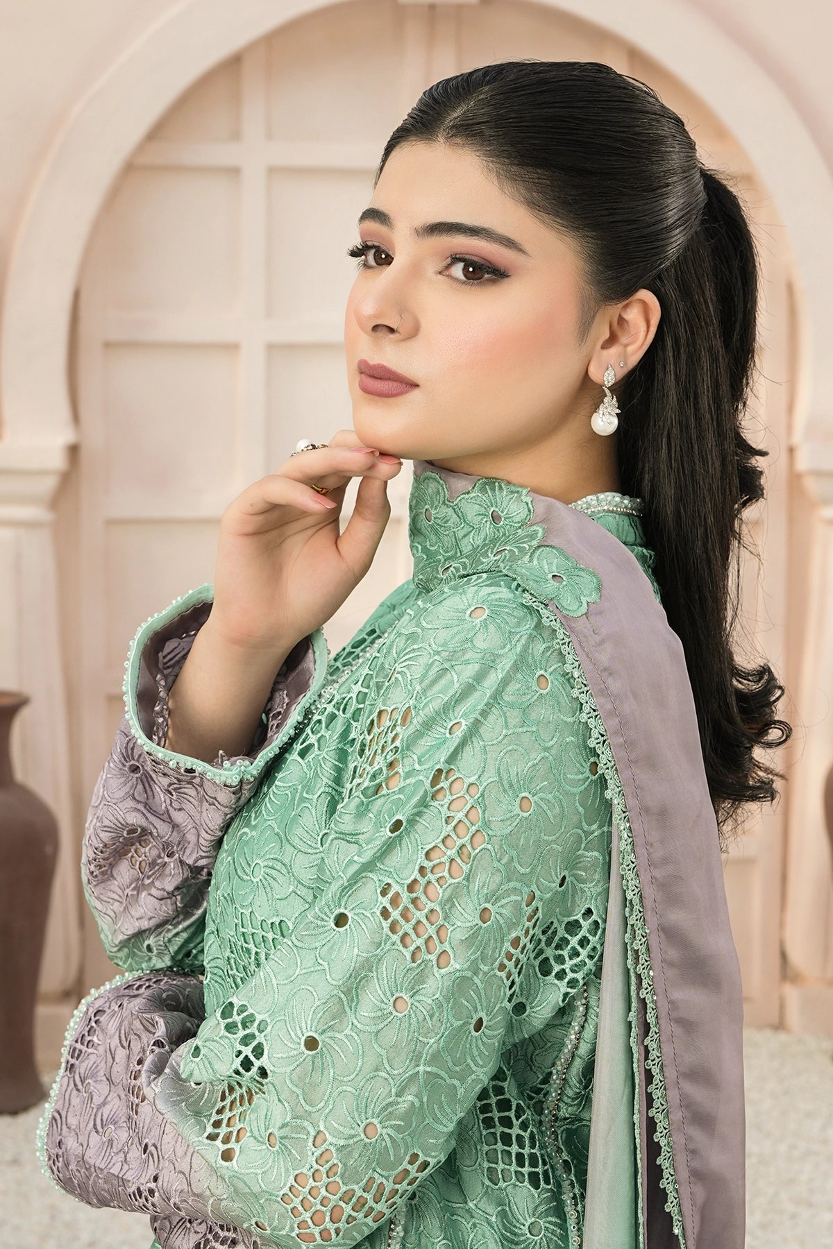 Amelie – Mint Grey Embroidered Sheesha Silk Luxury Pret 3PC Suit Bloom Reverie Mint Grey Embroidered Sheesha Silk Luxury Pret 3PC Suit with Balloon Pants by MariamRaj