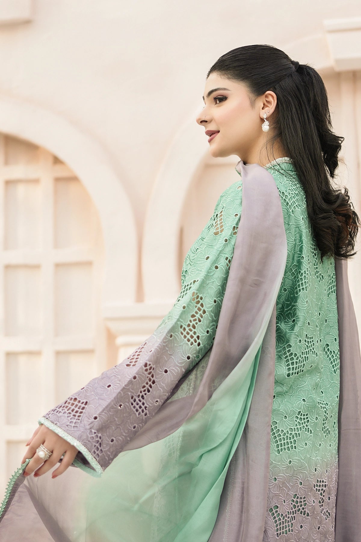 Amelie – Mint Grey Embroidered Sheesha Silk Luxury Pret 3PC Suit Bloom Reverie Mint Grey Embroidered Sheesha Silk Luxury Pret 3PC Suit with Balloon Pants by MariamRaj