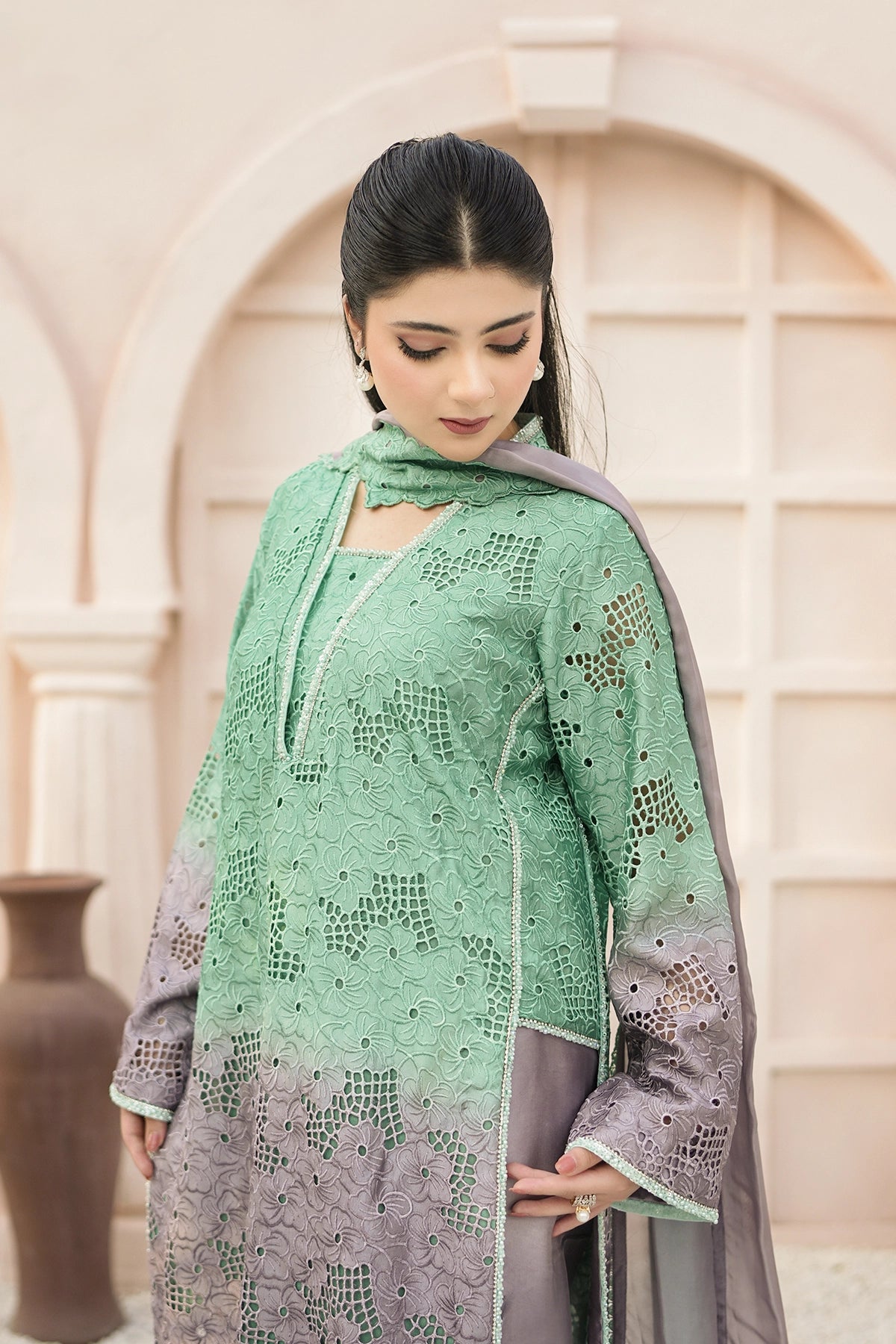 Amelie – Mint Grey Embroidered Sheesha Silk Luxury Pret 3PC Suit Bloom Reverie Mint Grey Embroidered Sheesha Silk Luxury Pret 3PC Suit with Balloon Pants by MariamRaj