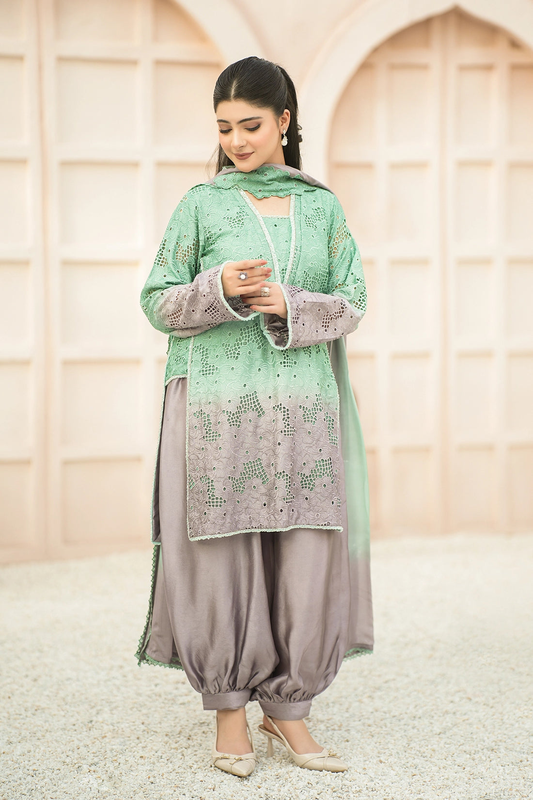 Amelie – Mint Grey Embroidered Sheesha Silk Luxury Pret 3PC Suit Bloom Reverie Mint Grey Embroidered Sheesha Silk Luxury Pret 3PC Suit with Balloon Pants by MariamRaj