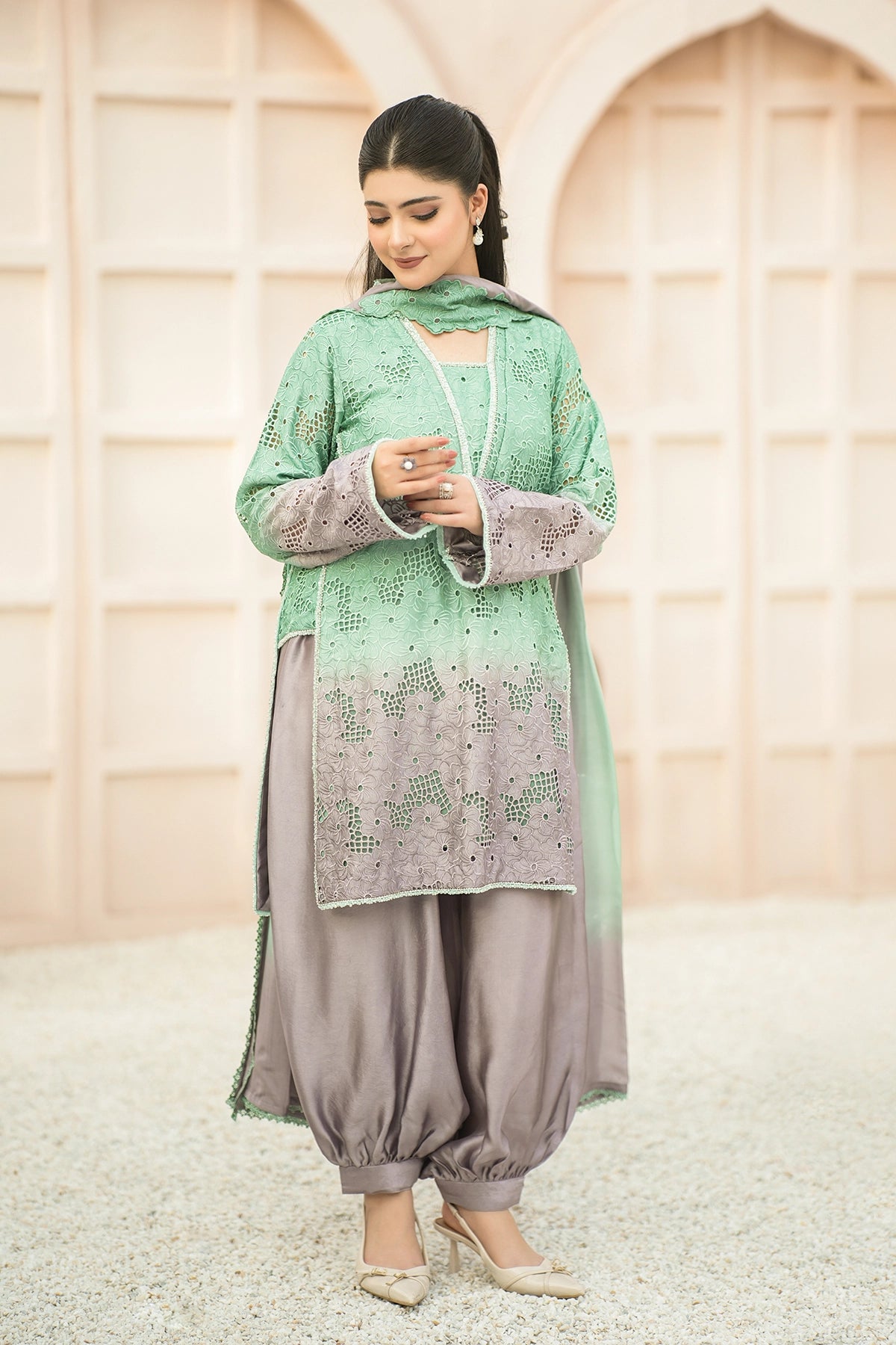 Amelie – Mint Grey Embroidered Sheesha Silk Luxury Pret 3PC Suit Bloom Reverie Mint Grey Embroidered Sheesha Silk Luxury Pret 3PC Suit with Balloon Pants by MariamRaj