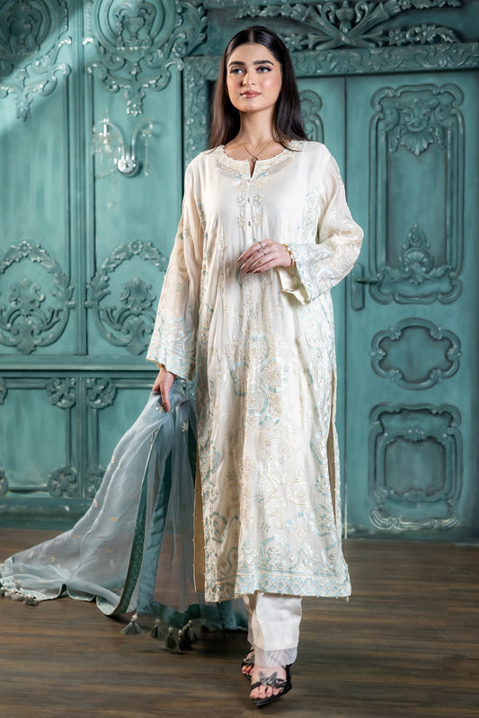 Anabia ivory paper silk Pakistani suit with organza dupatta MariamRaj