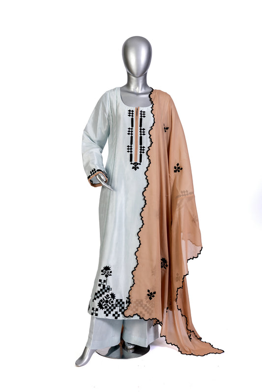 Anchal – Sky blue embroidered Korean silk 3pc suit with peach dupatta – MariamRaj.com