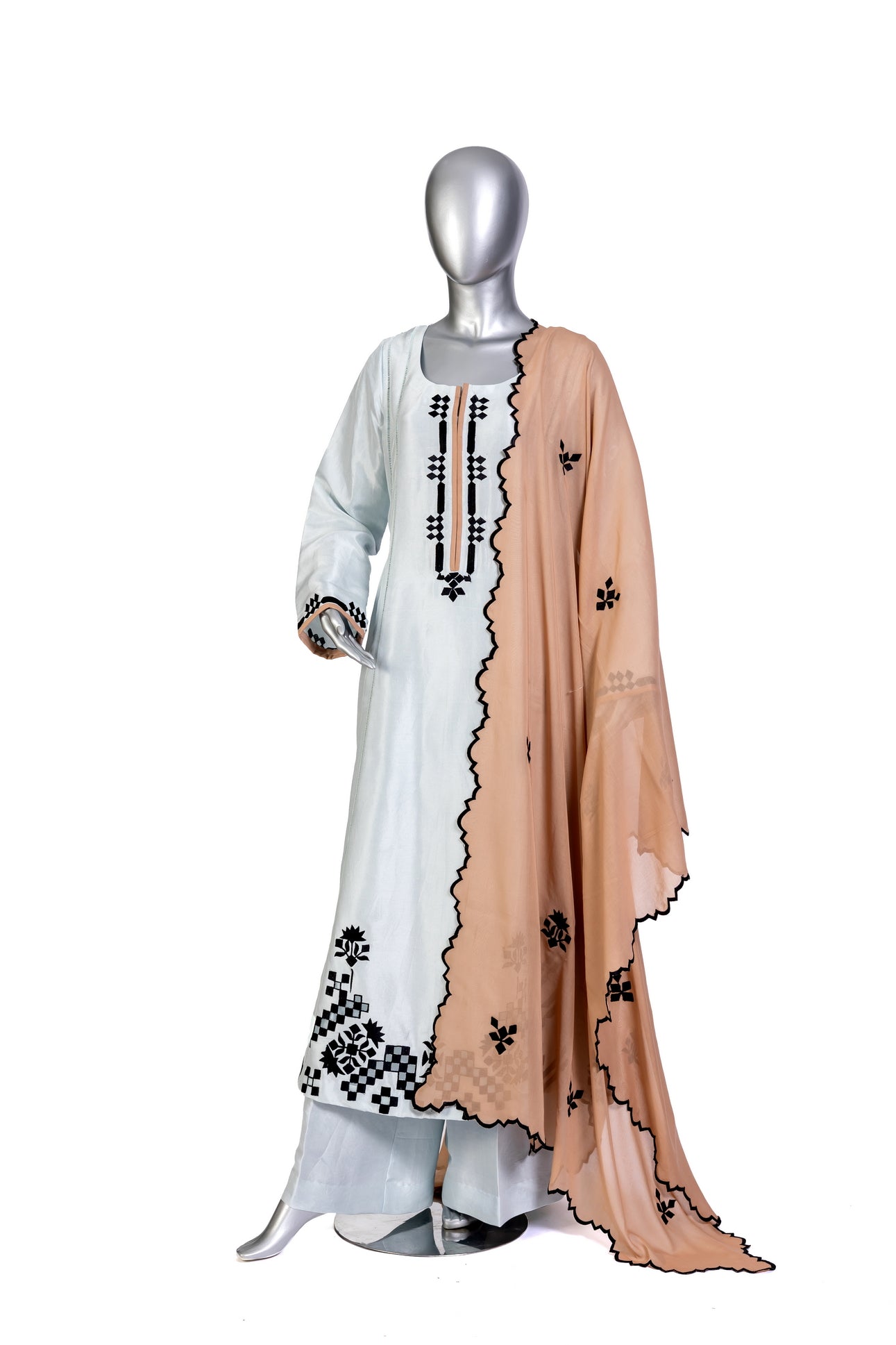 Anchal – Sky blue embroidered Korean silk 3pc suit with peach dupatta – MariamRaj.com