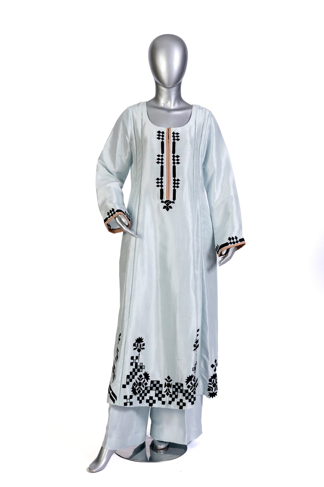 Anchal – Sky blue embroidered Korean silk 3pc suit with peach dupatta – MariamRaj.com