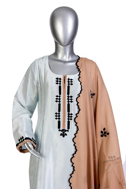 Anchal – Sky blue embroidered Korean silk 3pc suit with peach dupatta – MariamRaj.com