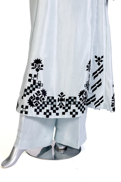 Anchal – Sky blue embroidered Korean silk 3pc suit with peach dupatta – MariamRaj.com