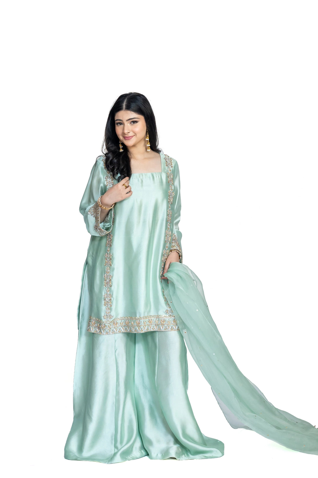 Anika mint green Sheesha silk stitched 3PC suit with handwork and organza dupatta from Soroya by MariamRaj