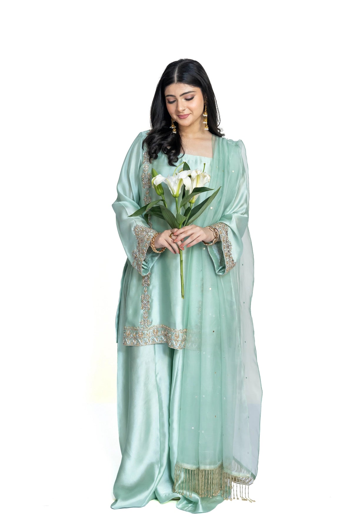 Anika mint green Sheesha silk stitched 3PC suit with handwork and organza dupatta from Soroya by MariamRaj