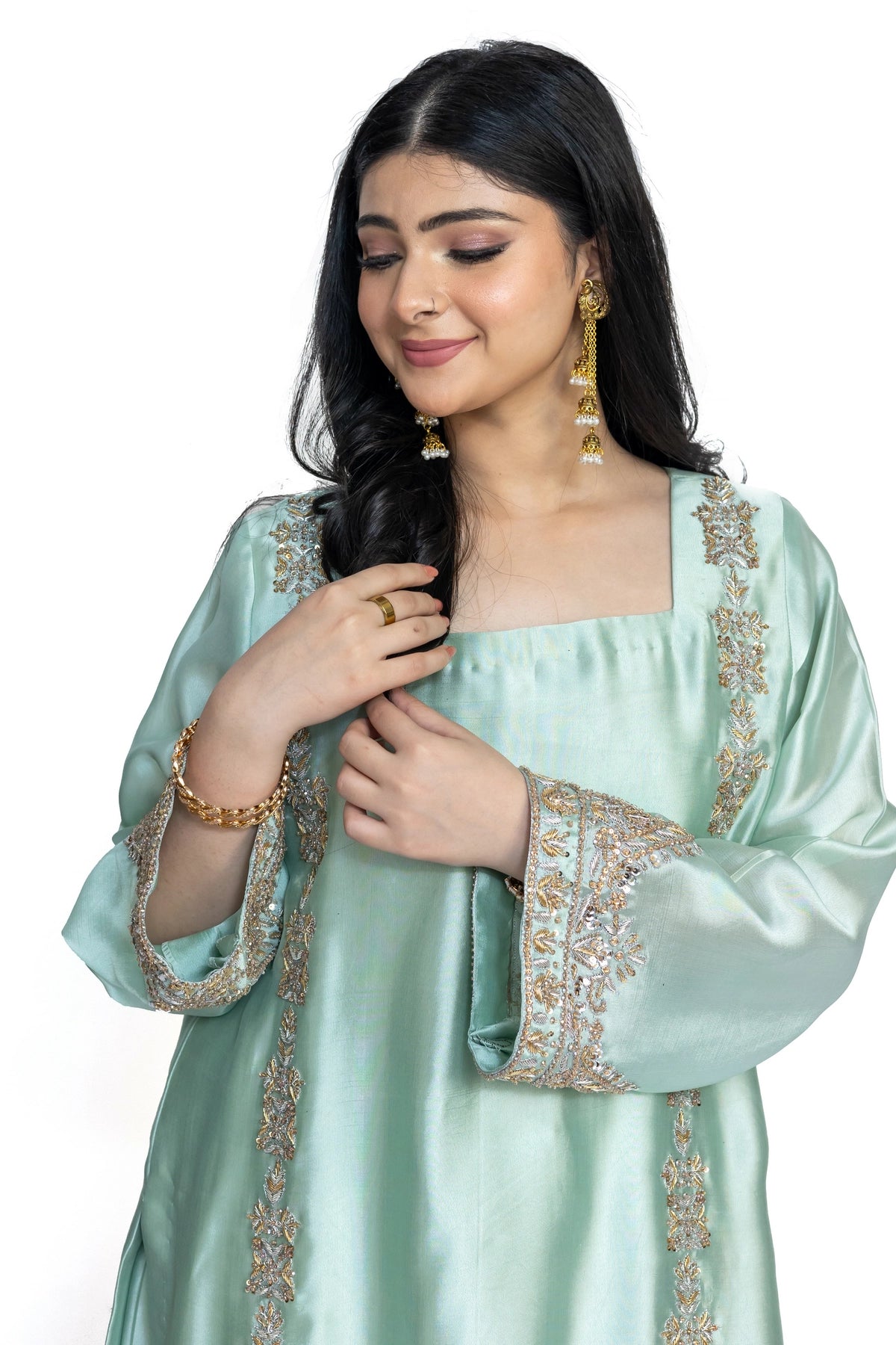 Anika mint green Sheesha silk stitched 3PC suit with handwork and organza dupatta from Soroya by MariamRaj