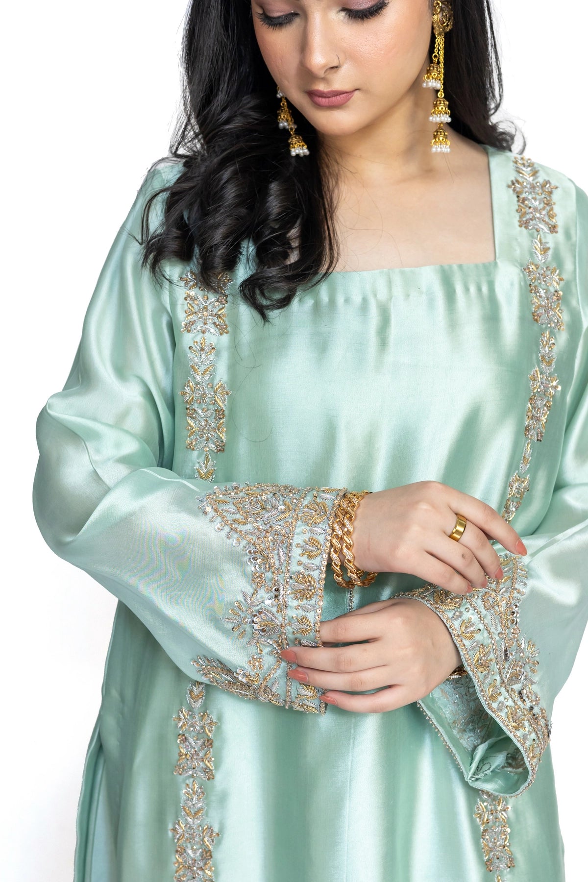 Anika mint green Sheesha silk stitched 3PC suit with handwork and organza dupatta from Soroya by MariamRaj
