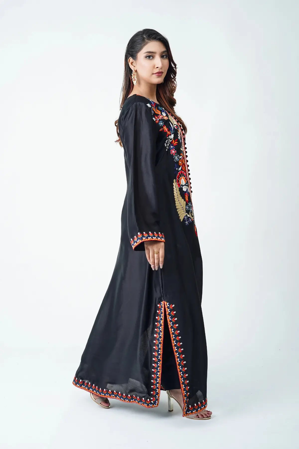 Anmol black sheesha silk heavy embroidered kaftan with pants Pakistani designer outfit by MariamRaj