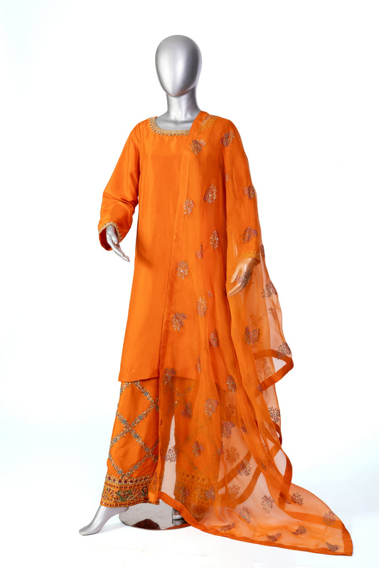 Anosha Premium Orange Pure Silk Suit with Organza Dupatta by MariamRaj