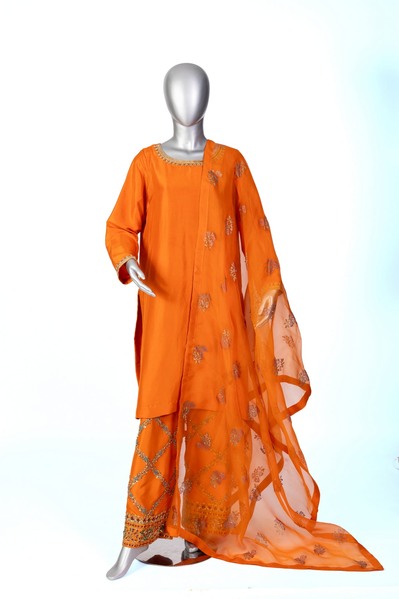 Anosha Premium Orange Pure Silk Suit with Organza Dupatta by MariamRaj