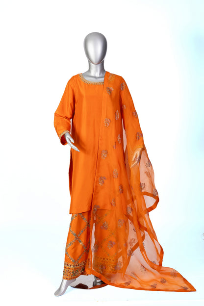 Anosha Premium Orange Pure Silk Suit with Organza Dupatta by MariamRaj