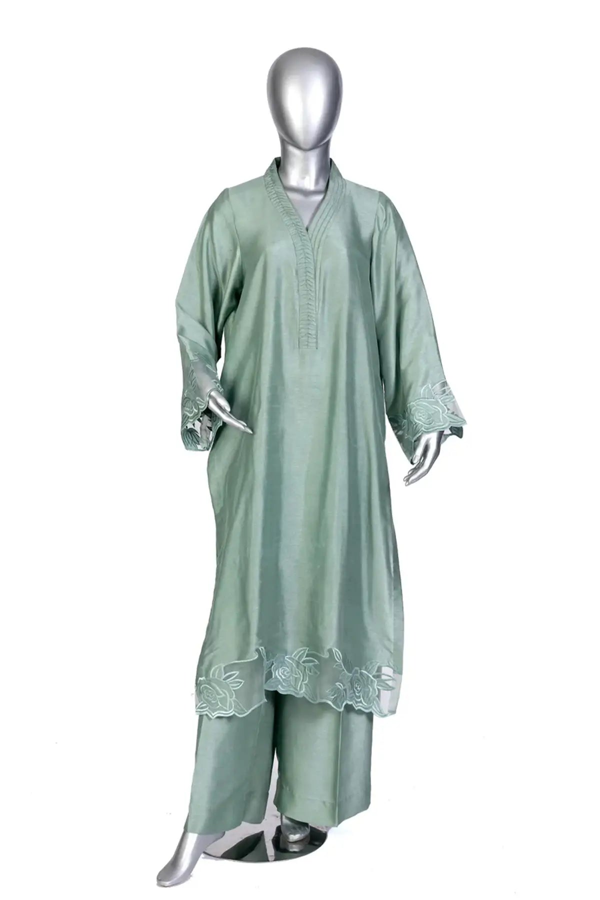 Anvitha – Designer Sage Green Silk Suit Paired with Embroidered Shawl