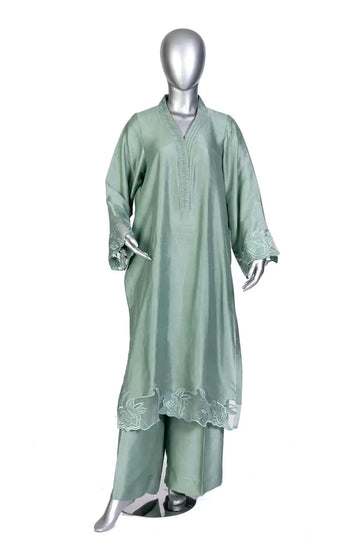 Anvitha – Designer Sage Green Silk Suit Paired with Embroidered Shawl