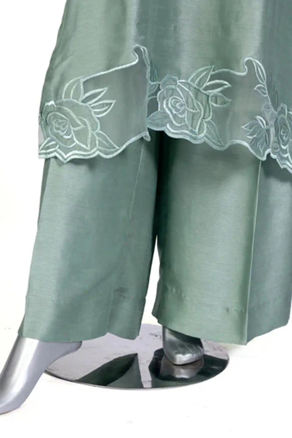 Anvitha – Designer Sage Green Silk Suit Paired with Embroidered Shawl