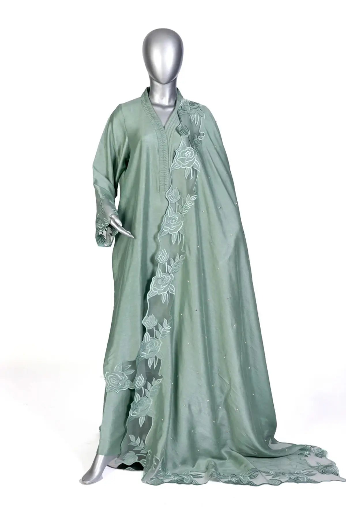 Anvitha – Designer Sage Green Silk Suit Paired with Embroidered Shawl