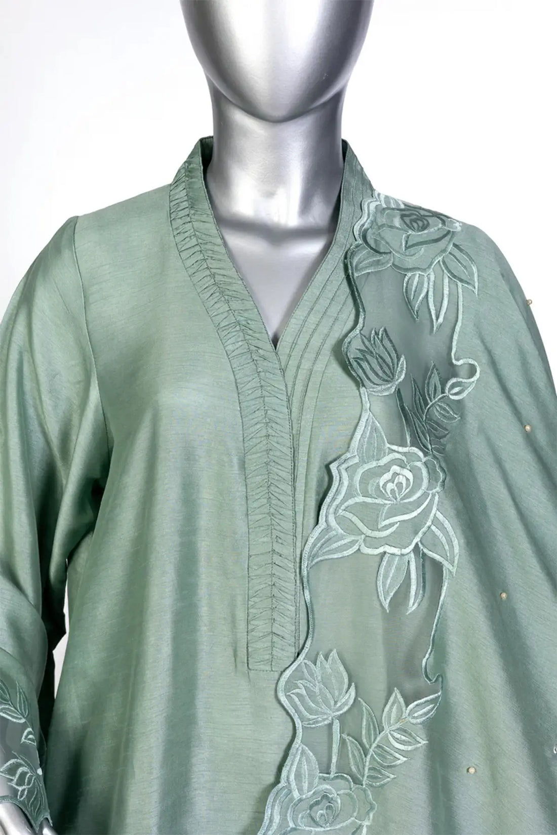 Anvitha – Designer Sage Green Silk Suit Paired with Embroidered Shawl
