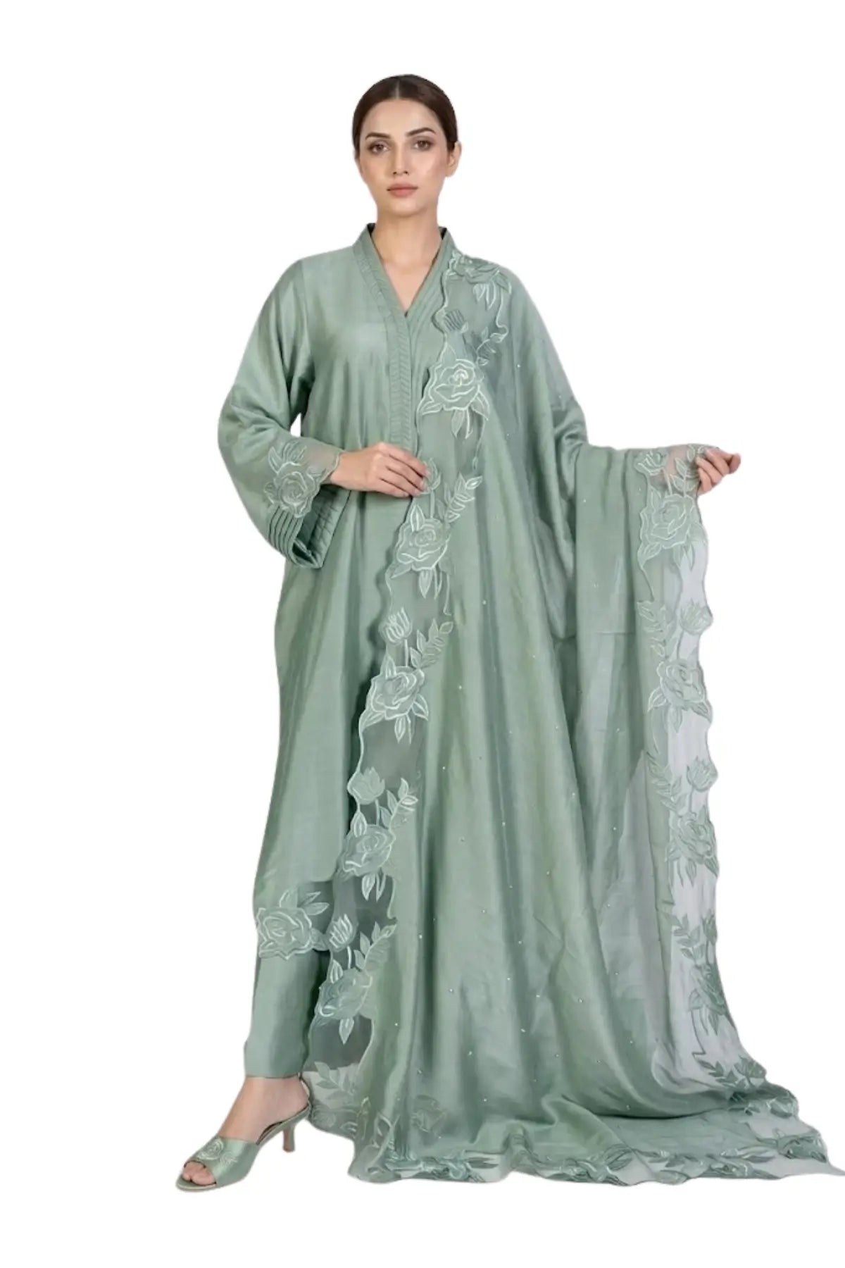 Anvitha – Designer Sage Green Silk Suit Paired with Embroidered Shawl