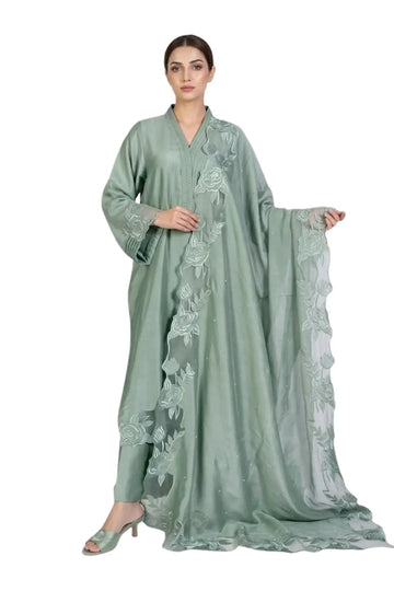 Anvitha – Designer Sage Green Silk Suit Paired with Embroidered Shawl