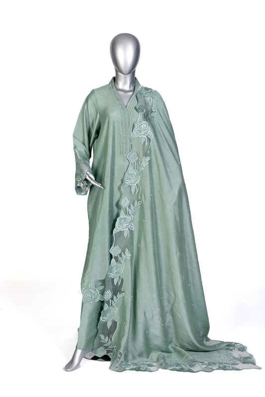 Anvitha Sage Green Pure Silk Suit with Hand-Embroidered Borders and Shawl by MariamRaj – Elegant Formal Outfit for Weddings and Evening Events