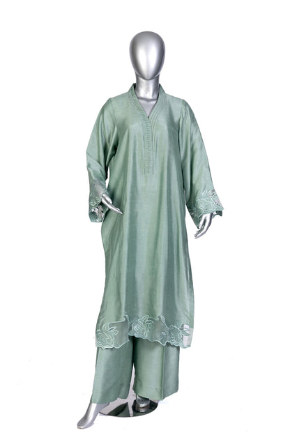 Anvitha Sage Green Pure Silk Suit with Hand-Embroidered Borders and Shawl by MariamRaj – Elegant Formal Outfit for Weddings and Evening Events