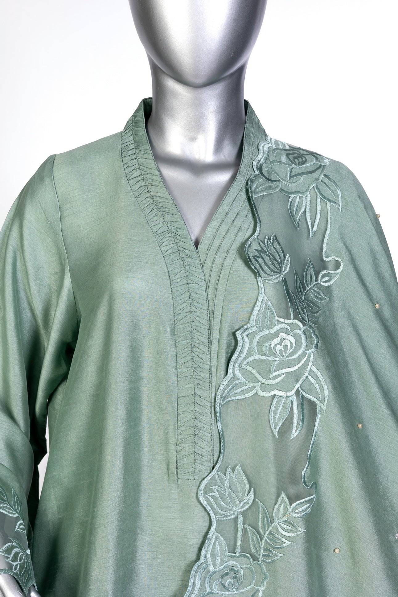 Anvitha Sage Green Pure Silk Suit with Hand-Embroidered Borders and Shawl by MariamRaj – Elegant Formal Outfit for Weddings and Evening Events