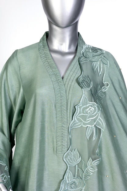 Anvitha Sage Green Pure Silk Suit with Hand-Embroidered Borders and Shawl by MariamRaj – Elegant Formal Outfit for Weddings and Evening Events