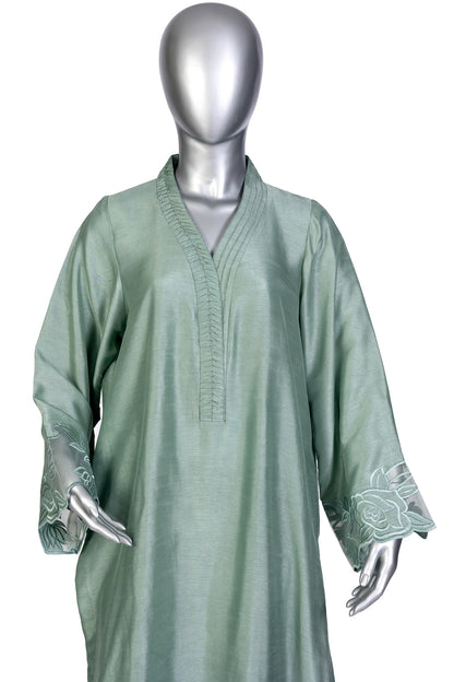 Anvitha Sage Green Pure Silk Suit with Hand-Embroidered Borders and Shawl by MariamRaj – Elegant Formal Outfit for Weddings and Evening Events