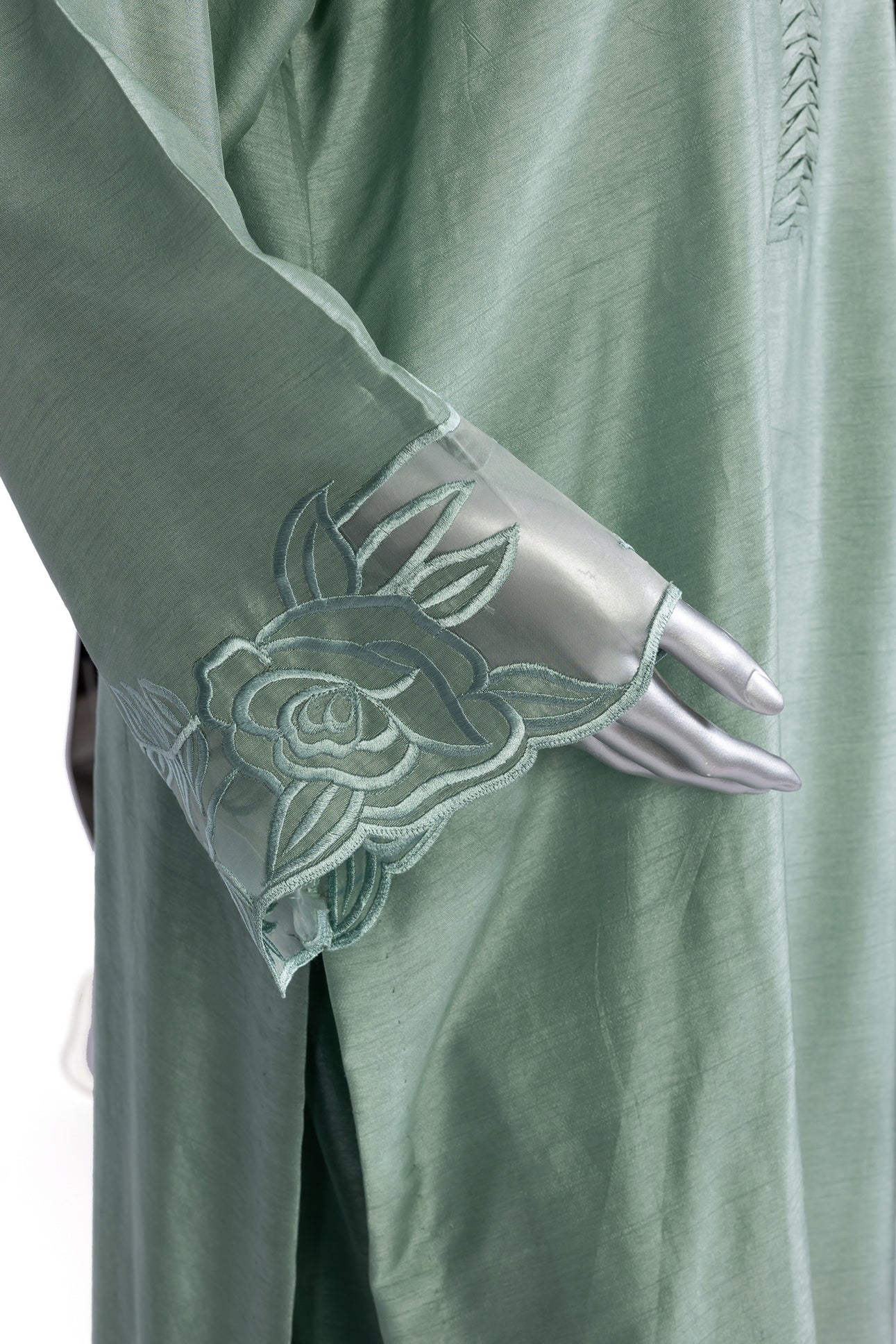 Anvitha Sage Green Pure Silk Suit with Hand-Embroidered Borders and Shawl by MariamRaj – Elegant Formal Outfit for Weddings and Evening Events