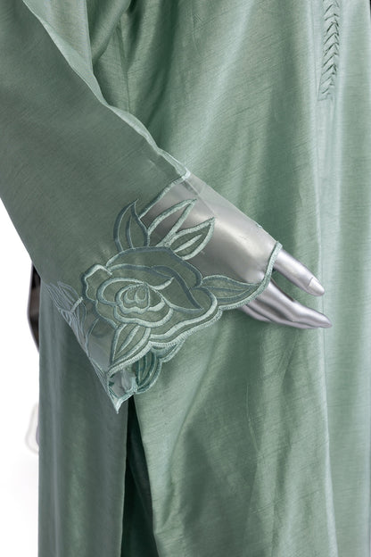 Anvitha Sage Green Pure Silk Suit with Hand-Embroidered Borders and Shawl by MariamRaj – Elegant Formal Outfit for Weddings and Evening Events