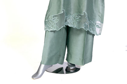 Anvitha Sage Green Pure Silk Suit with Hand-Embroidered Borders and Shawl by MariamRaj – Elegant Formal Outfit for Weddings and Evening Events