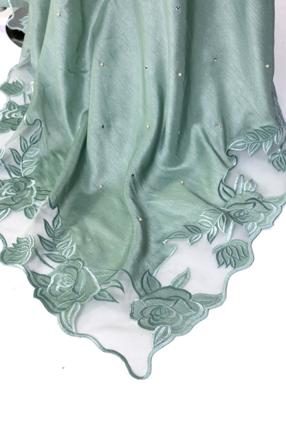 Anvitha Sage Green Pure Silk Suit with Hand-Embroidered Borders and Shawl by MariamRaj – Elegant Formal Outfit for Weddings and Evening Events