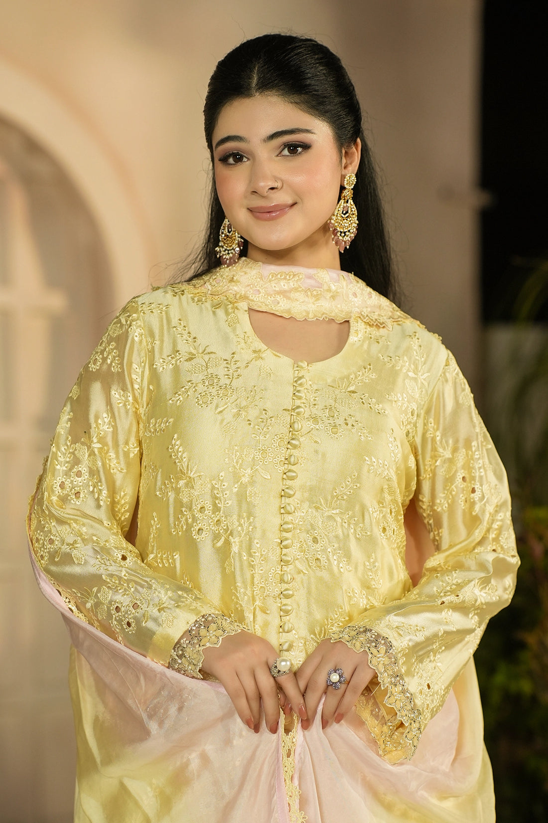 Aurelia Butter Yellow embroidered Sheesha Silk 3PC suit with floral embroidery, cutwork details, balloon pants and silk choker dupatta