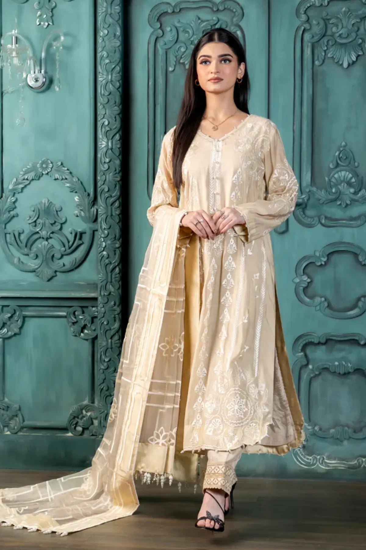Ayeza – Order Elegant Beige Paper Silk Suit for Festive Wear Online