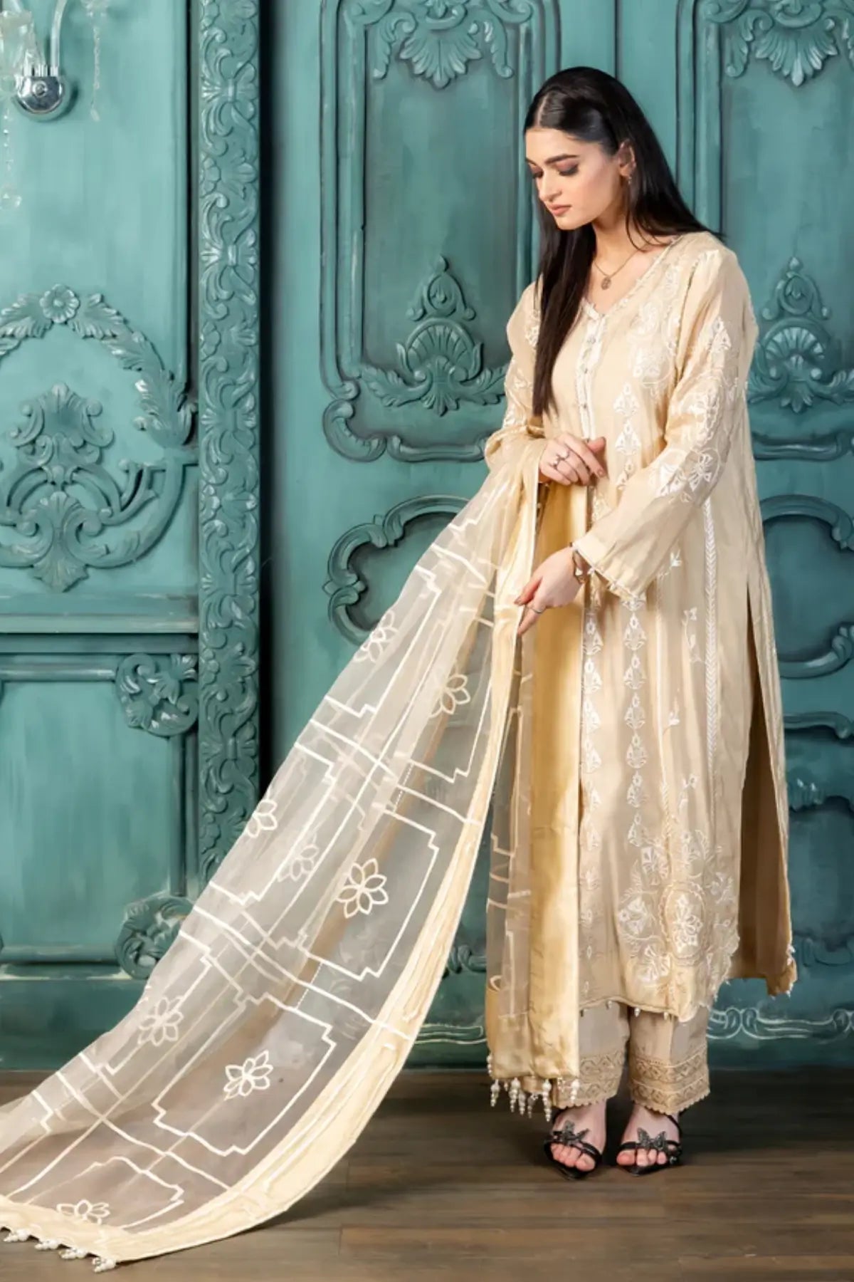 Ayeza – Order Elegant Beige Paper Silk Suit for Festive Wear Online