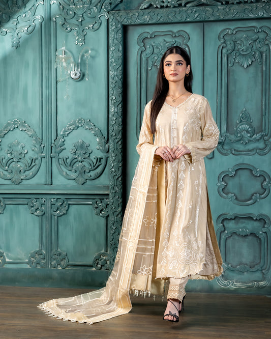Luxury beige embroidered 3PC Pakistani outfit festive wear MariamRaj