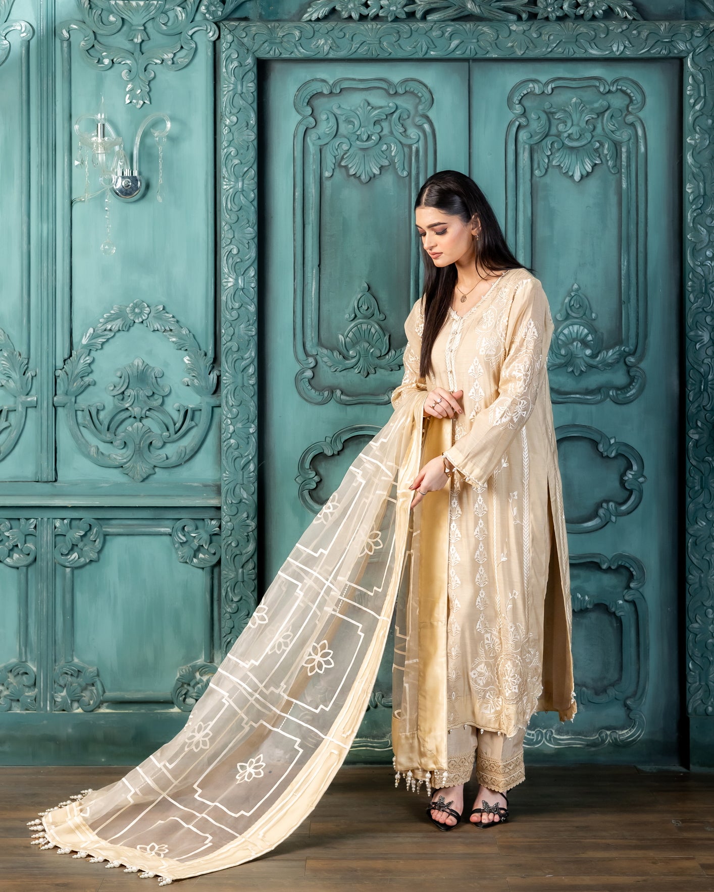 Luxury beige embroidered 3PC Pakistani outfit festive wear MariamRaj