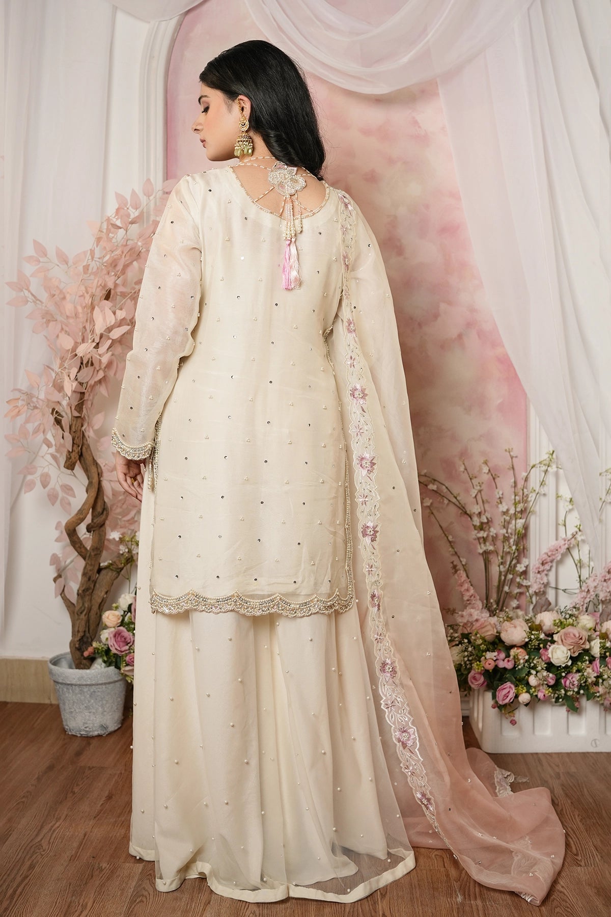 Ayzel ivory organza shirt with pearl net sharara and peach embroidered dupatta by MariamRaj