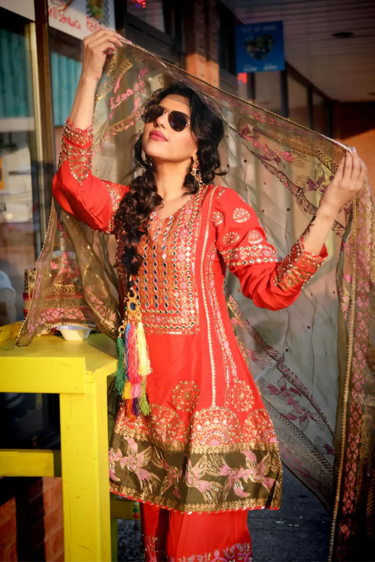 Bani- Carrot Red Block Printed Pakistani Shalwar Suit